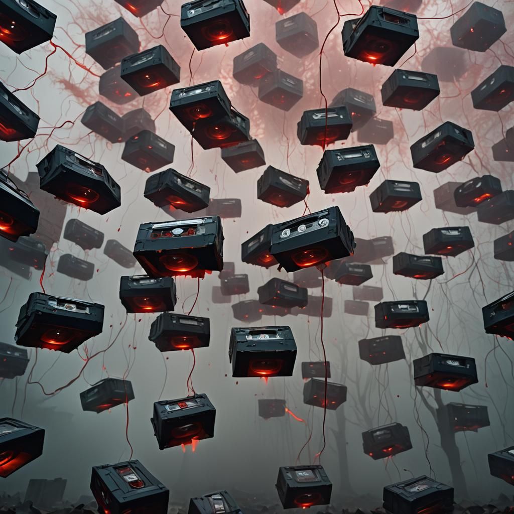 Surreal Giant Cassette Tapes in Eerie Atmosphere