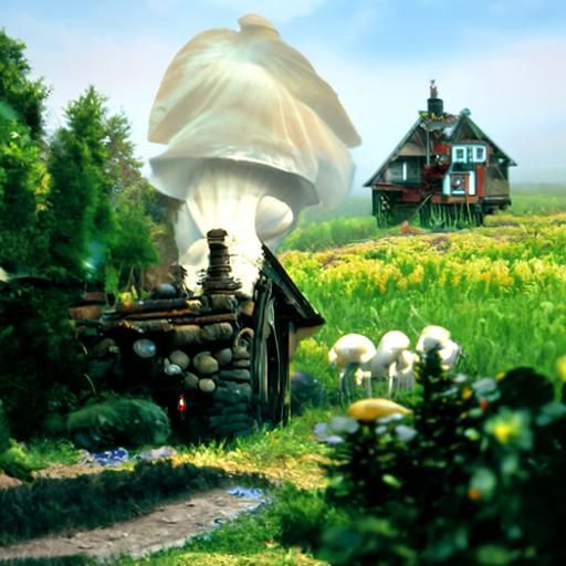 Ethereal Cottage in Mushroom Field, Fantasy Art
