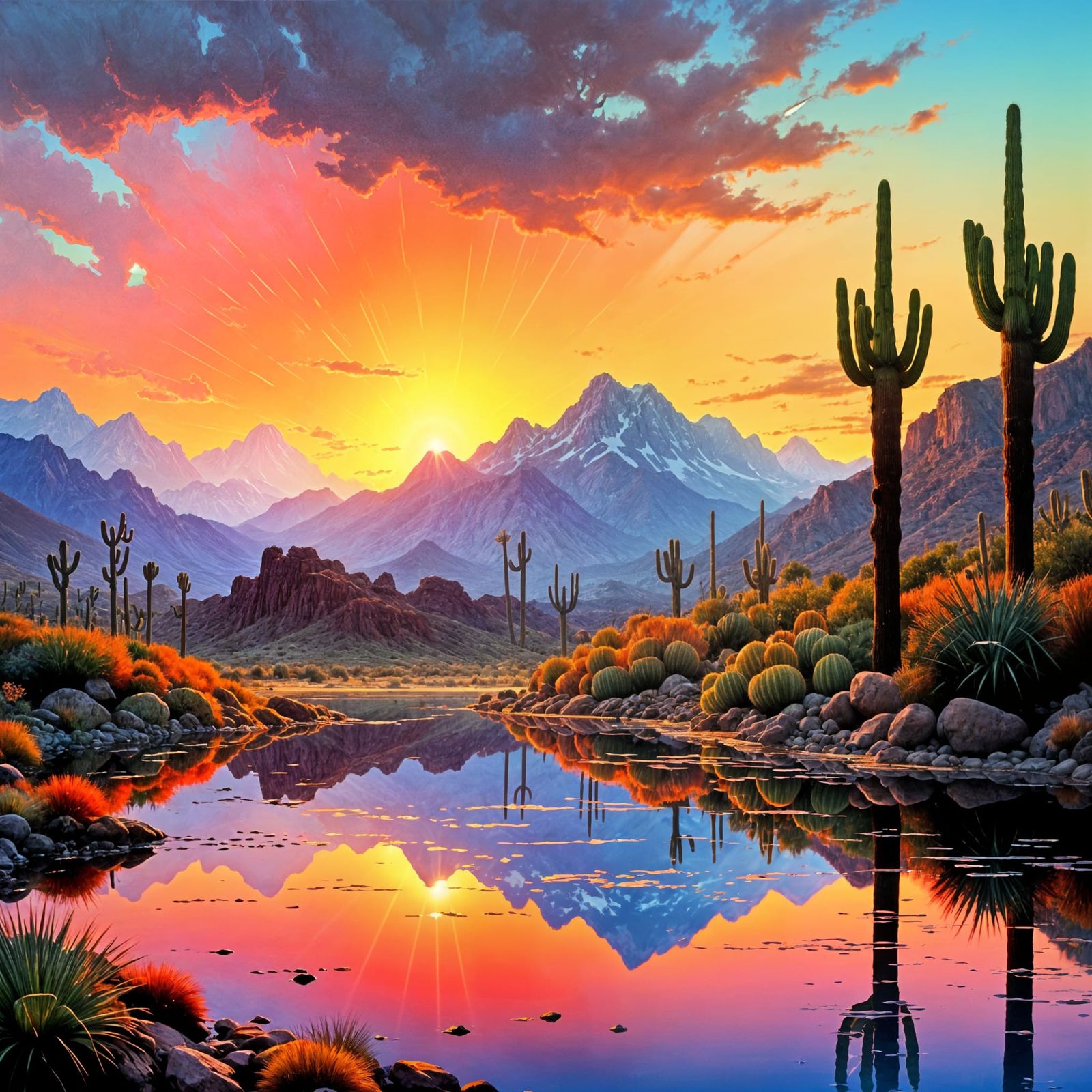 Desert Sunset in Vibrant Rainbow Hues