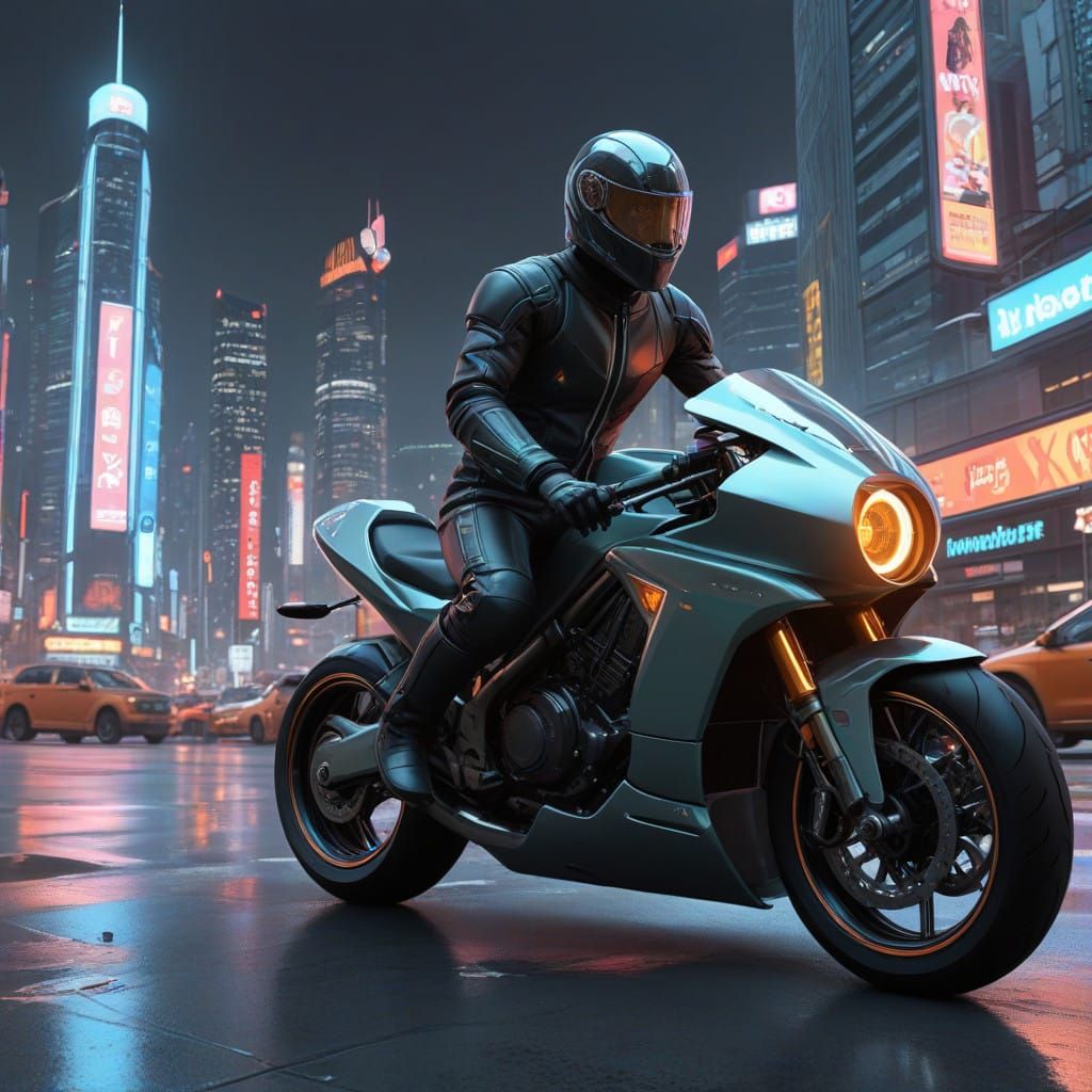 Cyberpunk Rider on High-Tech Motorcycle in Futuristic Citysc...