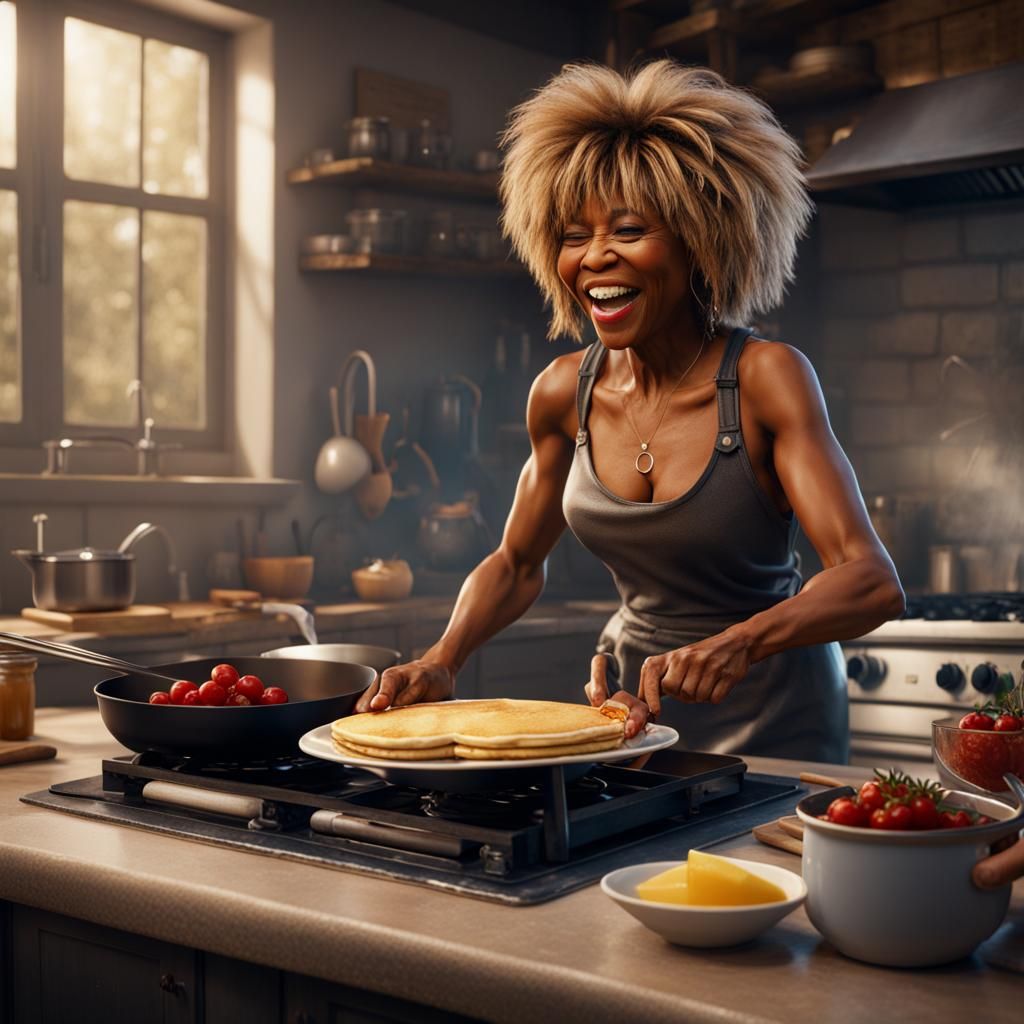 Tina Turner Cooking Pancakes: Detailed Digital Art