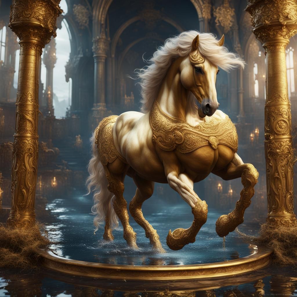 Fantastical Golden Horse on Marble Carpet