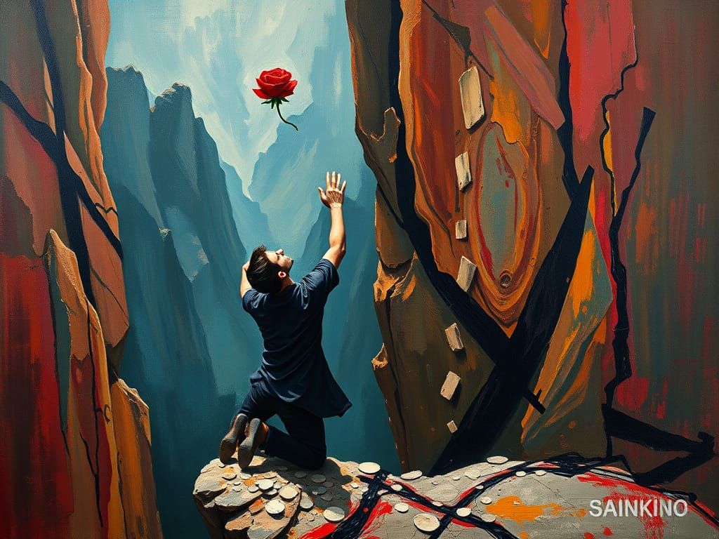 Man Reaching for Falling Rose at Cliff Edge