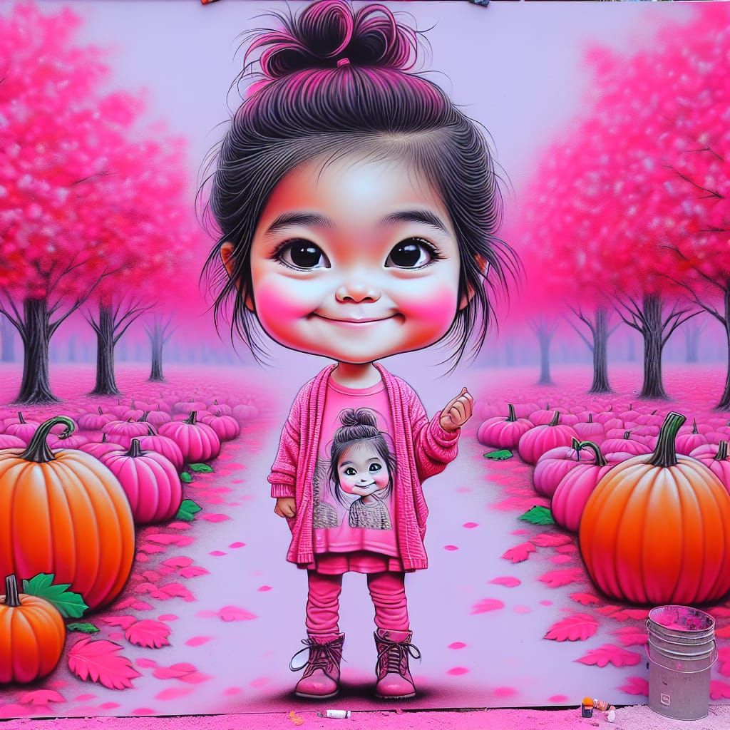 Pink Autumn Scene with South Asian Girl, Chalk Sketch