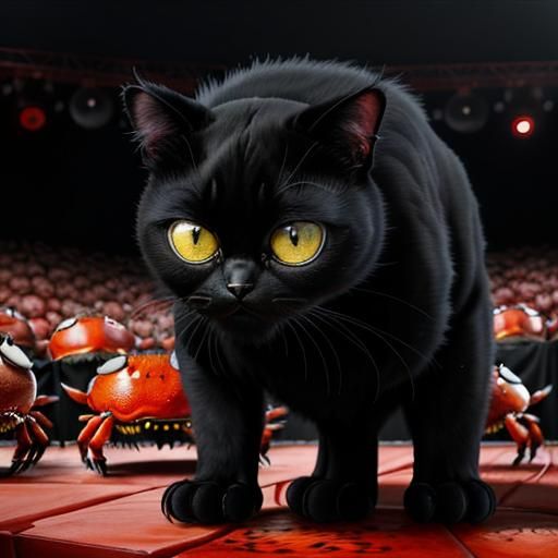 Fuzzy Cat and Giant Crabs in Surreal Photorealistic Style