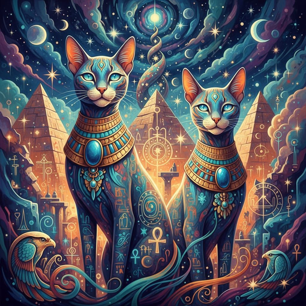 Egyptian Cats with Golden Collars in Mystical Setting