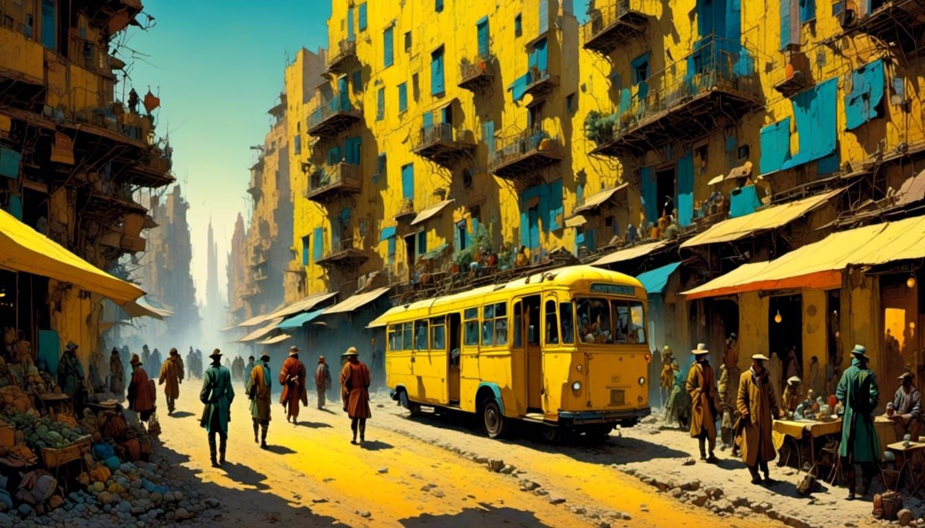 Impressionist Cityscape with Yellow Bus in Monet Style