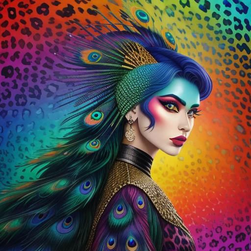 Rainbow Dragon Woman with Peacock Hair