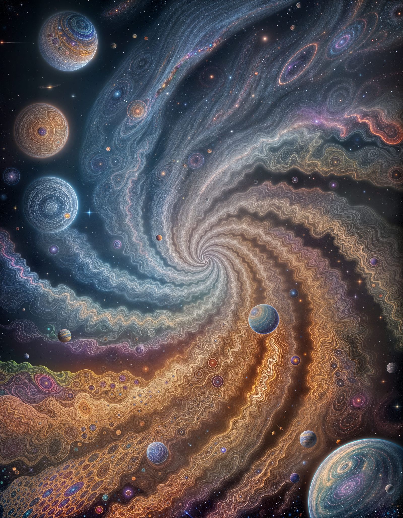 Vast Space with Swirling Colors and Planets