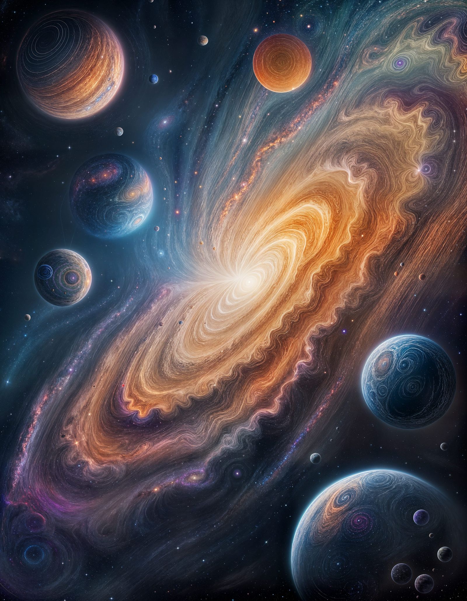 Vast Space with Multicolored Swirls and Planets