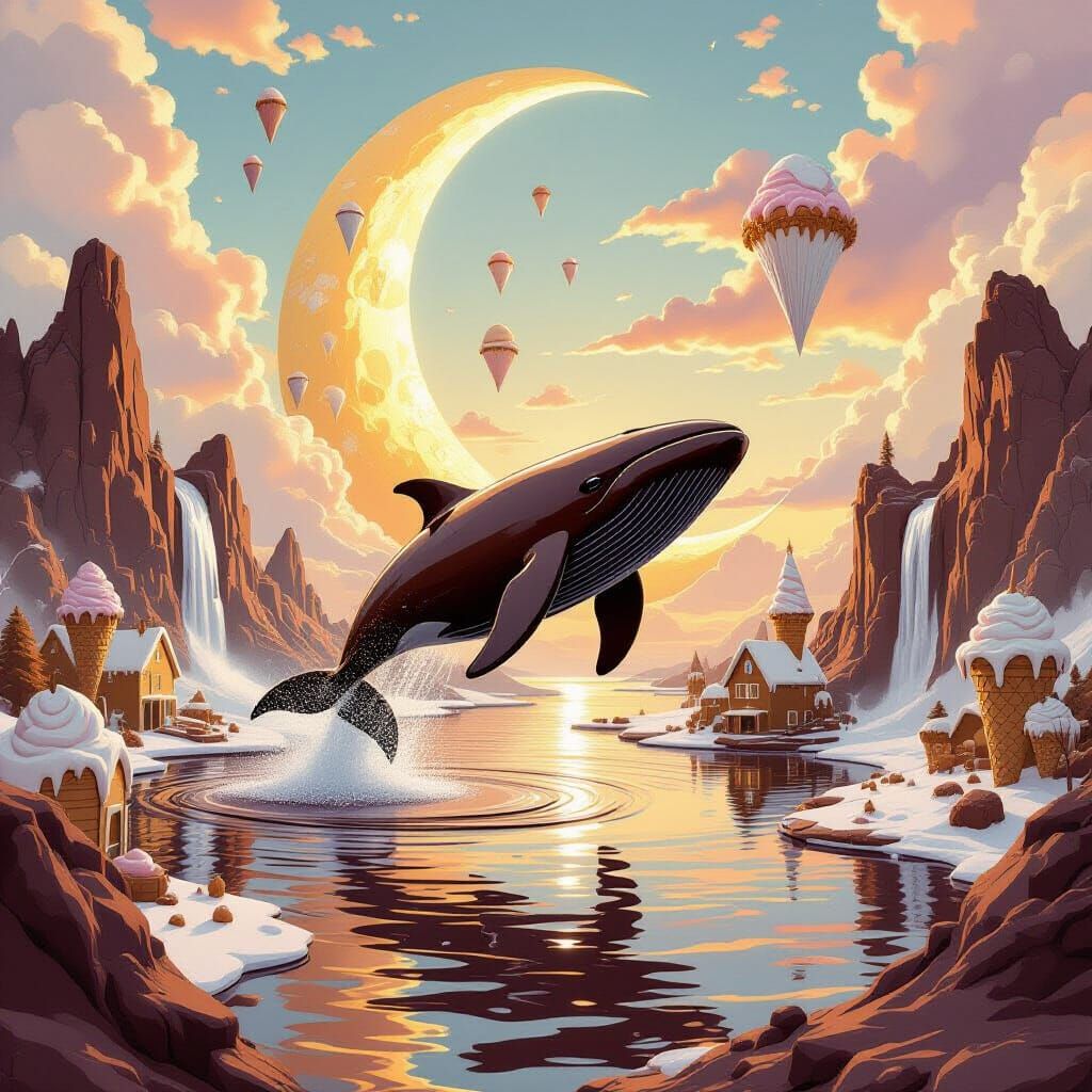 Chocolate Whale Jumps in Surreal Fantasy Landscape