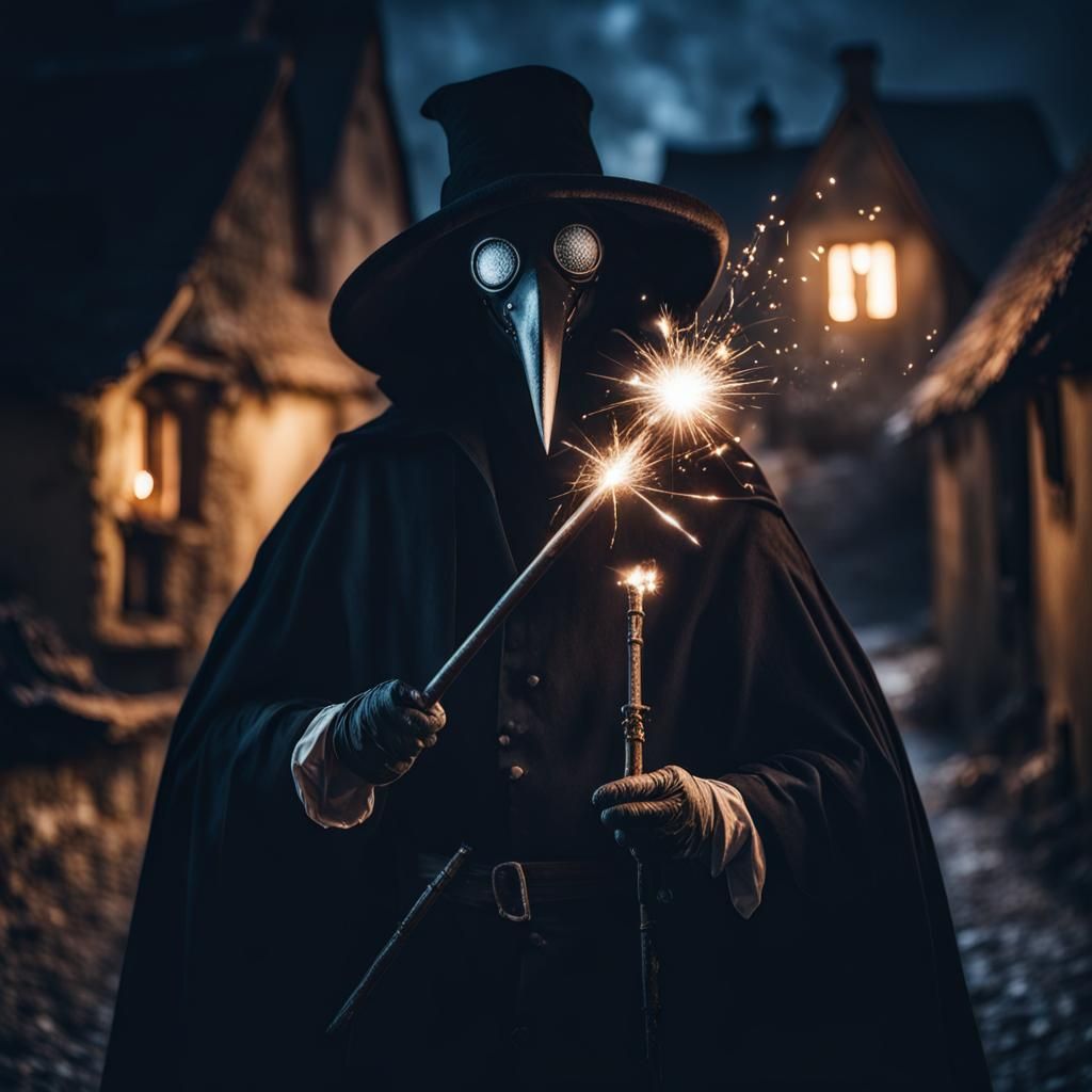Plague Doctor with Magic Wand in Dark Village