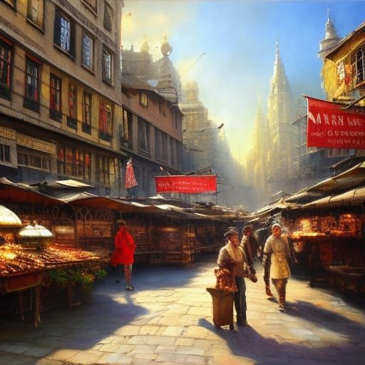Lively City Marketplace in Detailed Matte Painting