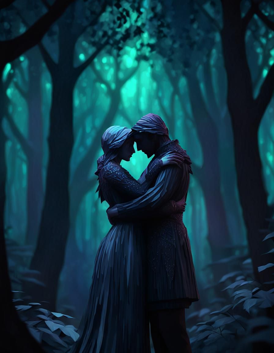 Low-Poly Couple Embrace in Mystical Forest