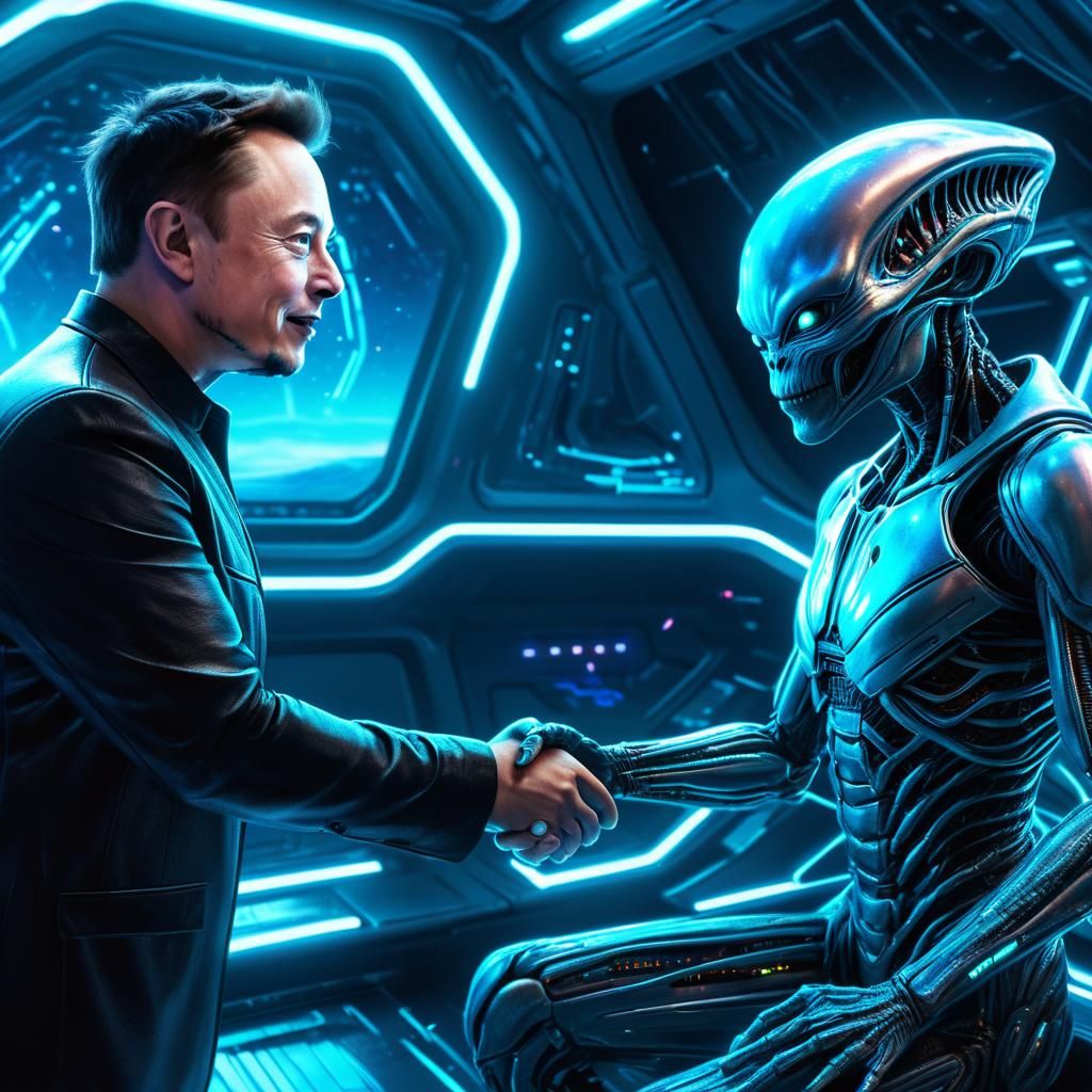 Elon Musk's Sci-Fi Alien Encounter in Neon Style