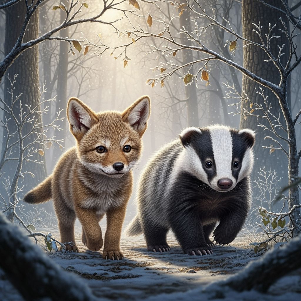 Coyote and Badger Pups Walk in Winter Forest