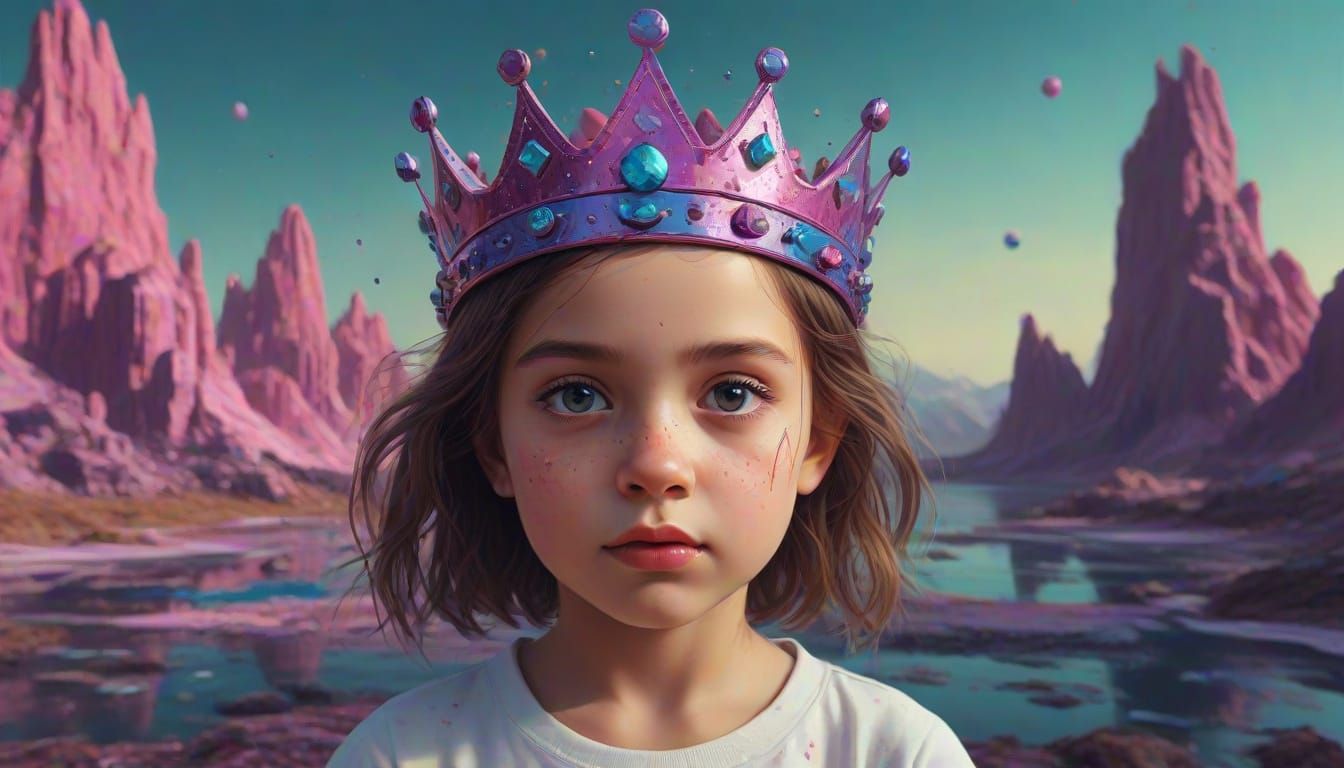 Girl Crafts Crown in Surreal Glitchcore Fantasy Landscape