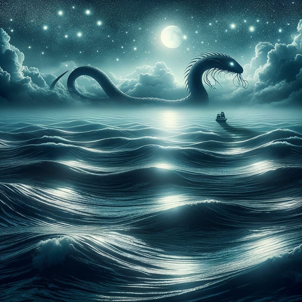 Moonlit Sea Monster Seascape at Night