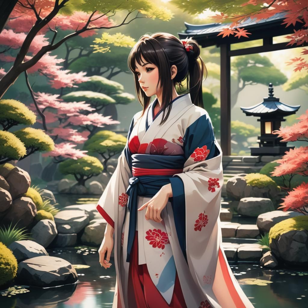 Anime Style Brunette in Japanese Garden