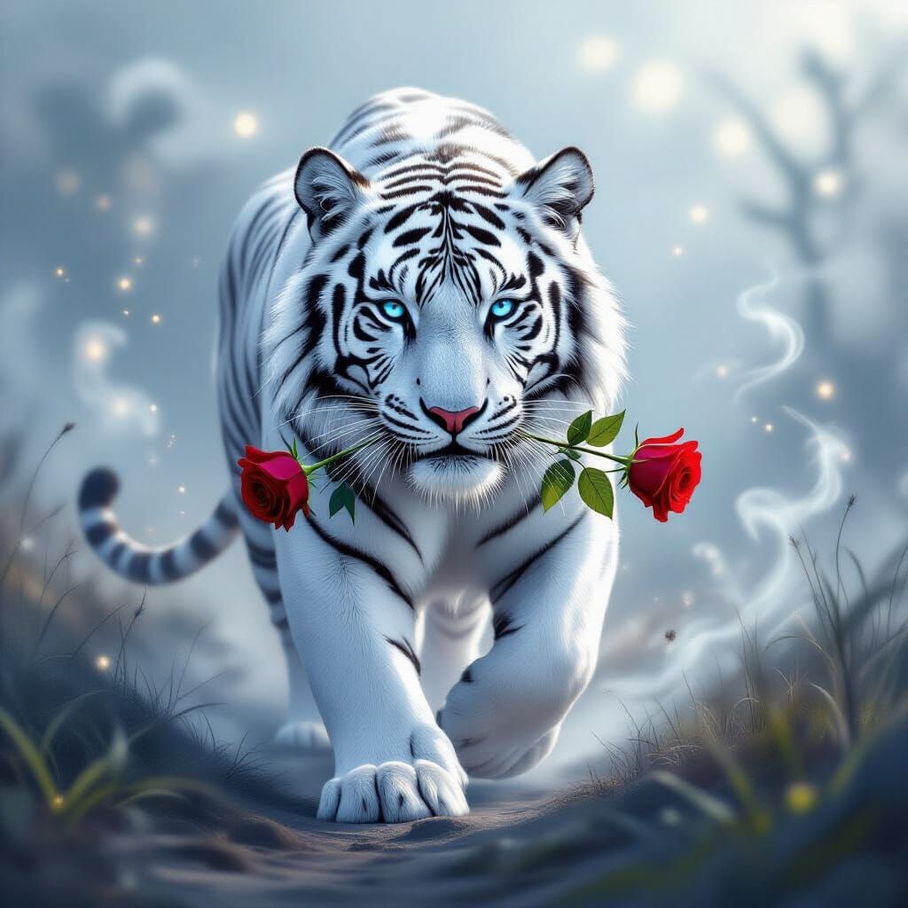 White Tiger with Rose in Misty Fantasy Landscape