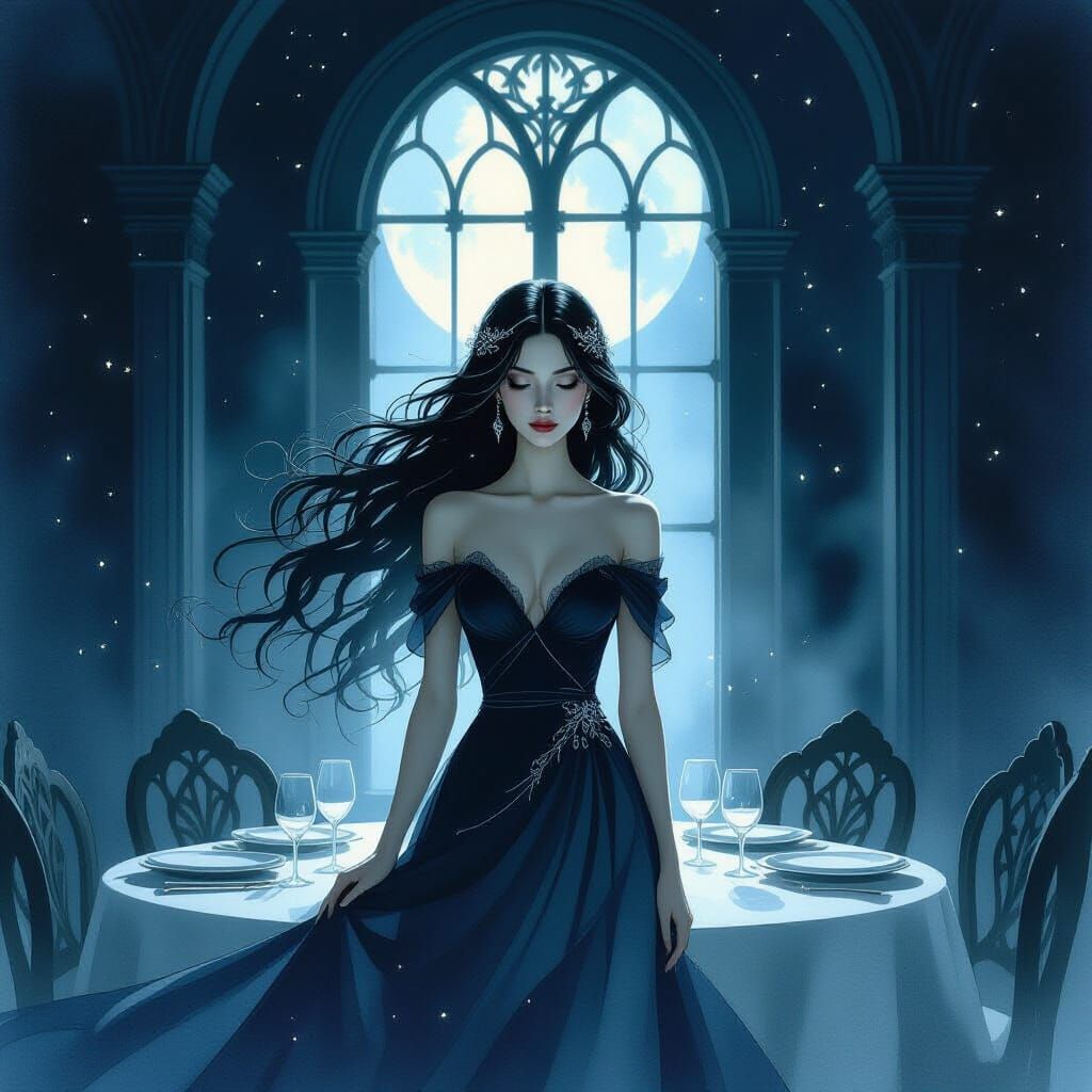 Ethereal Woman in Moonlit Dining Room