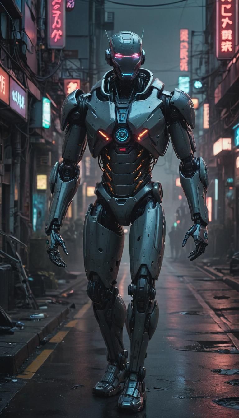 Futuristic Robot Street with Cyberpunk Neon Lights