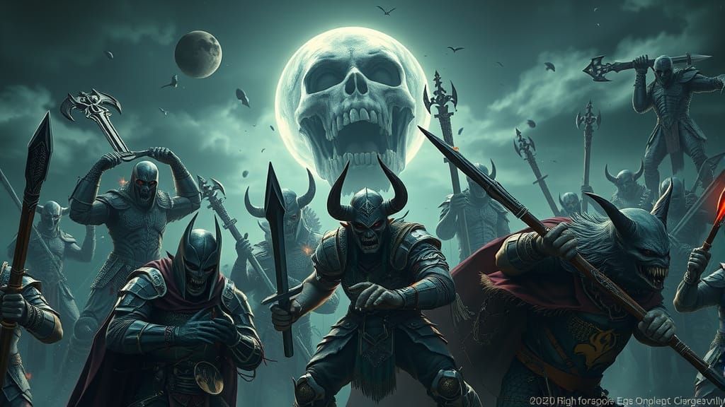 Fierce Moonlit Battle between Goblins, Orks, and Human Heroe...