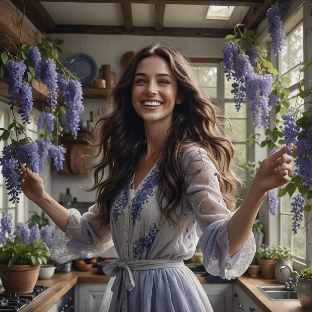 Radiant Woman Dancing in Kitchen: Hyperrealistic Portrait