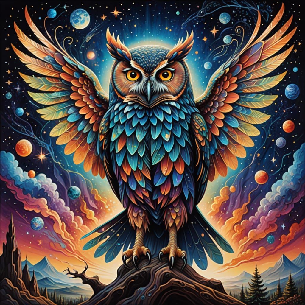 Ethereal Cosmic Owl Spreads Wings Over Vibrant Galaxies