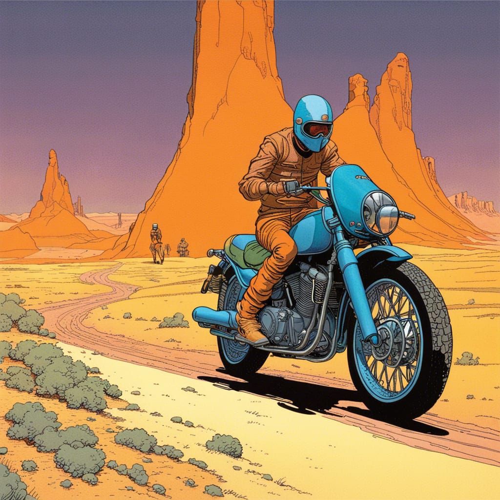 Motorcycle Desert Race in Ligne Claire Style