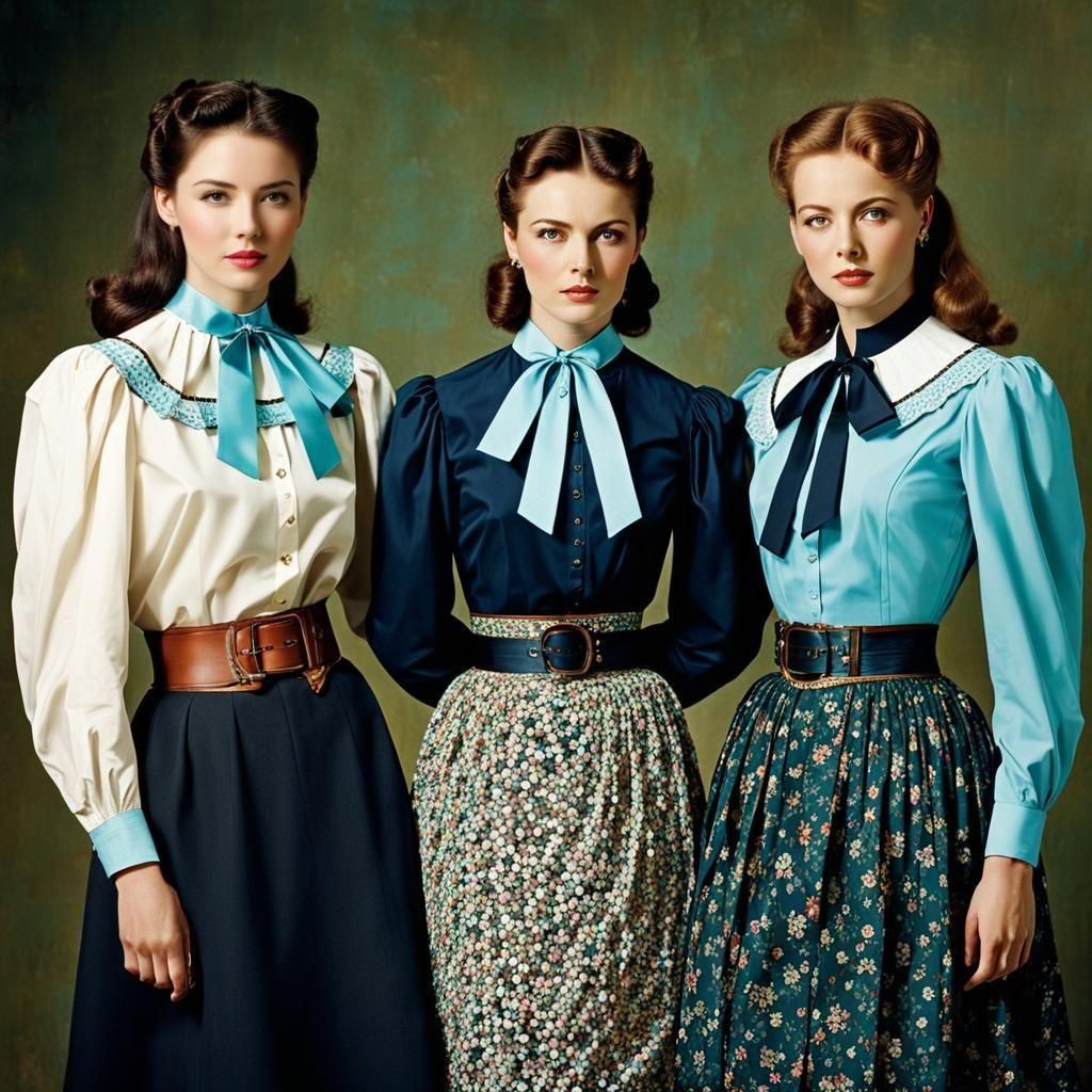 Elegant Women in Blouses, Skirts, and Corsets
