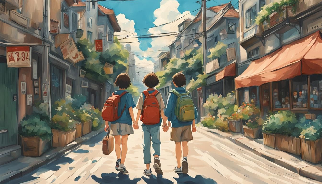 Ghibli Style Teenagers in Hyperrealistic Street Scene