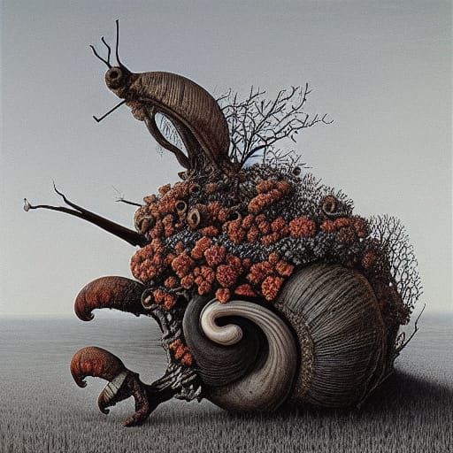 Oversized Snail Portrait in Beksiński Style