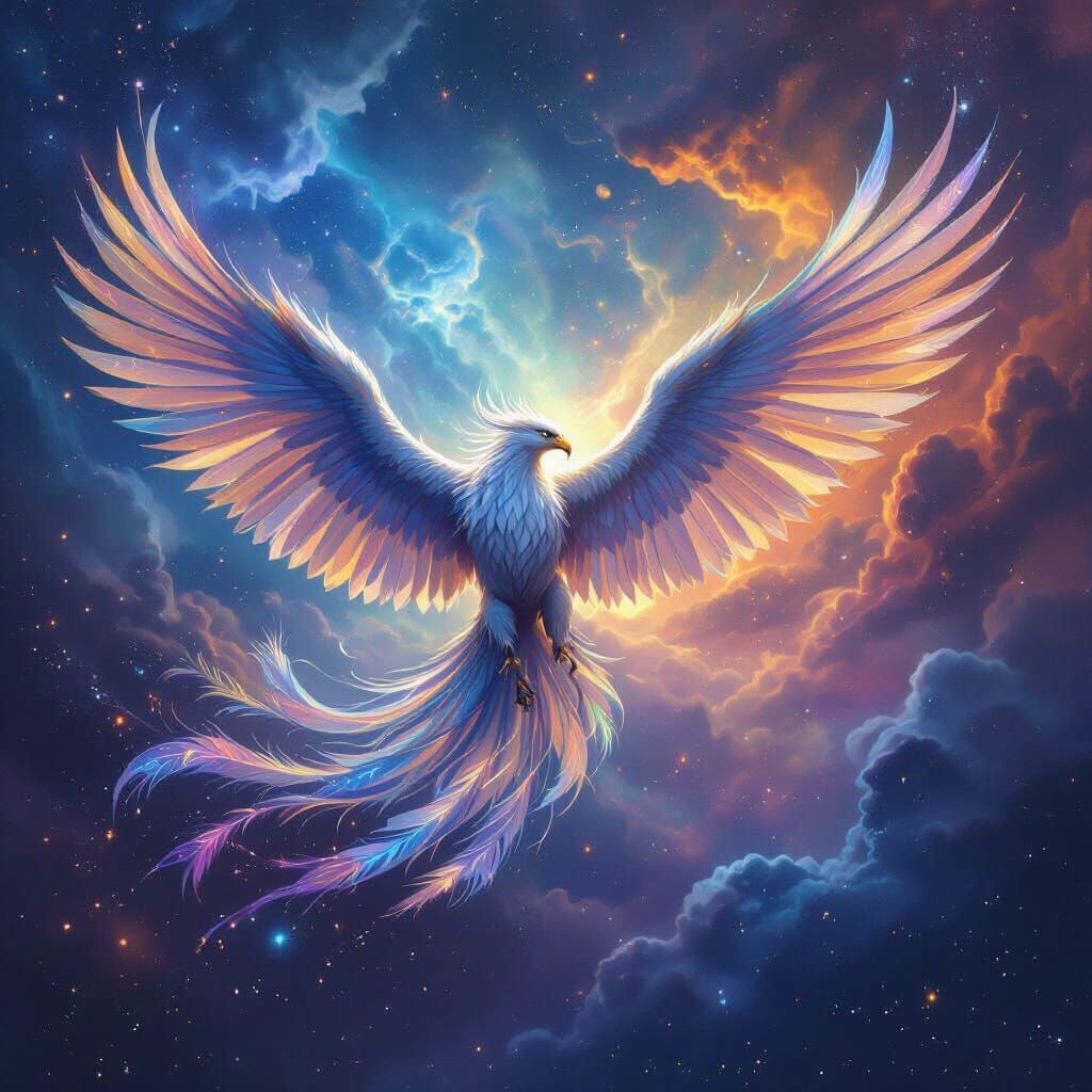 Griffin Soaring Through Nebula in Cosmic Style