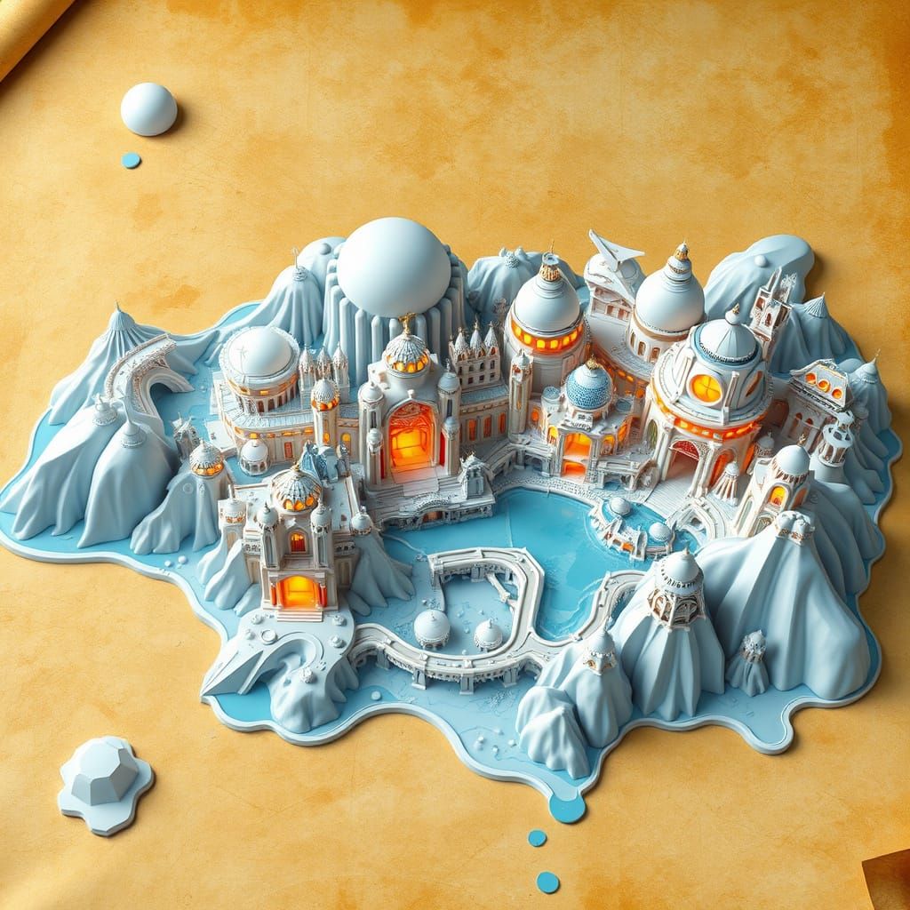 Utopian City 3D Fantasy Map on Aged Parchment