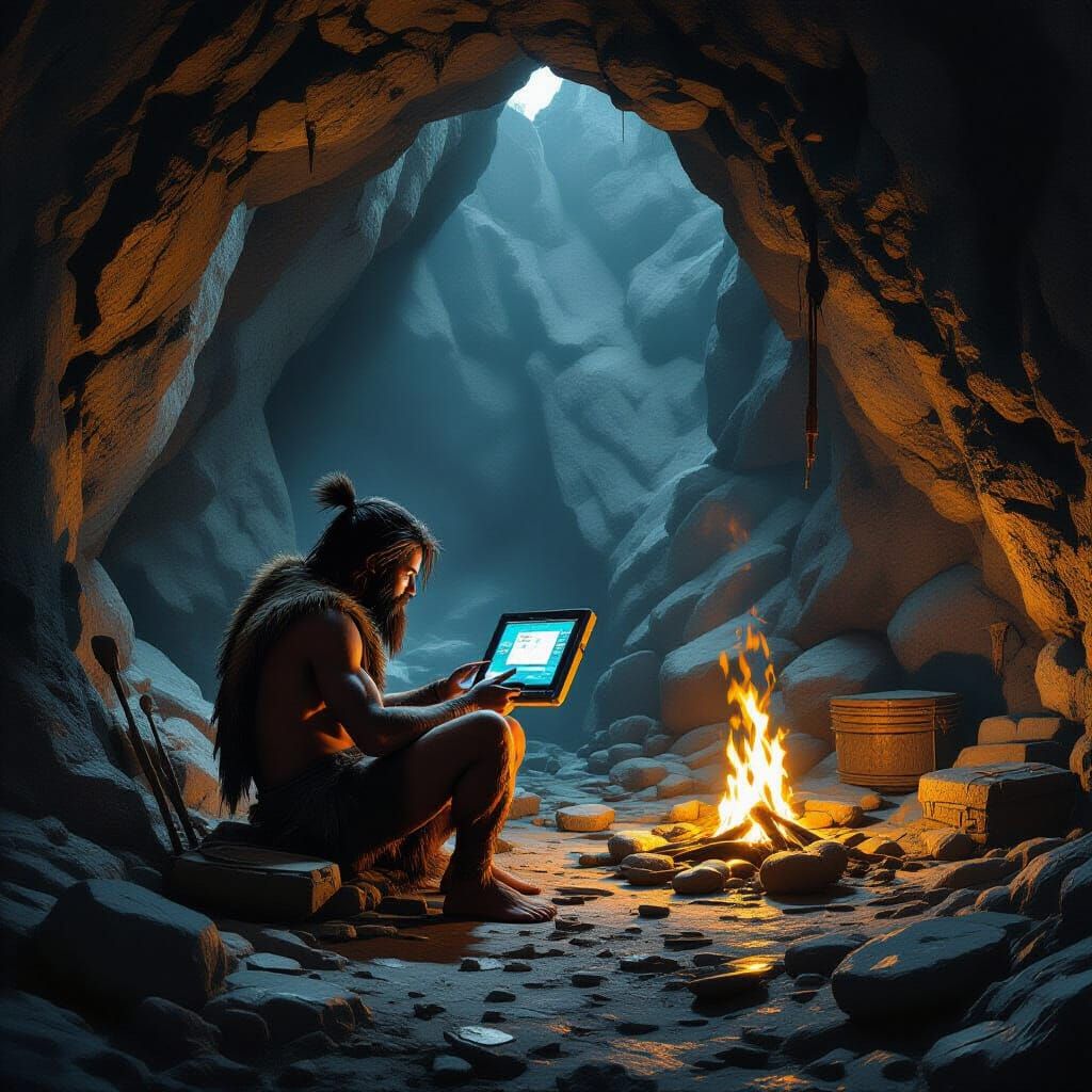 Primitive Human with Computer in Mountain Cave