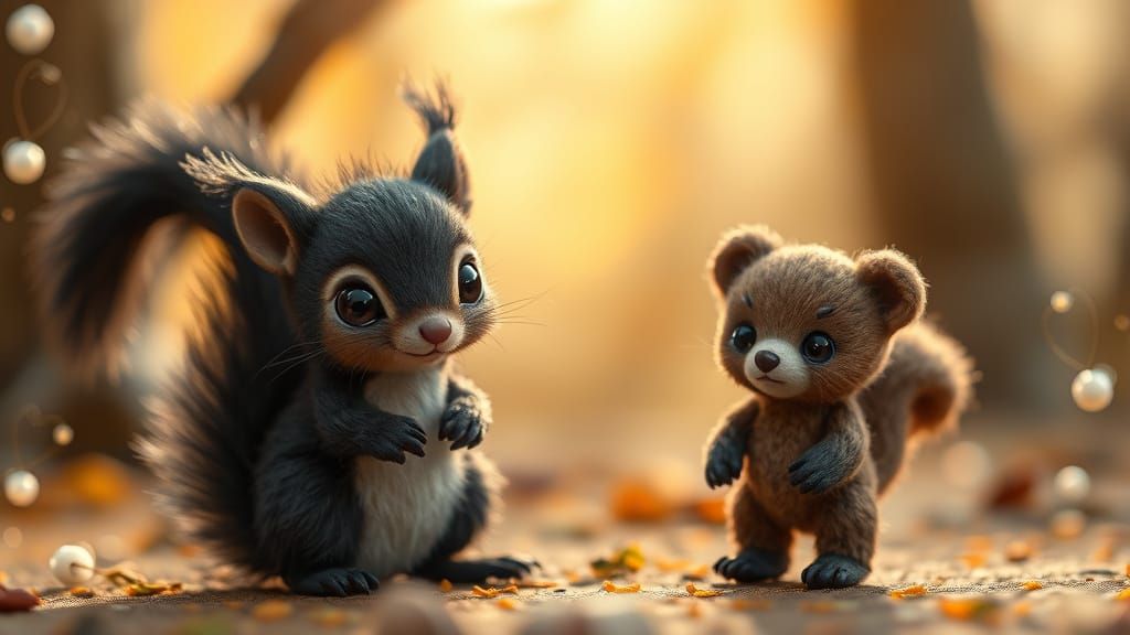 Whimsical Squirrel and Bear Cub in Magical Forest