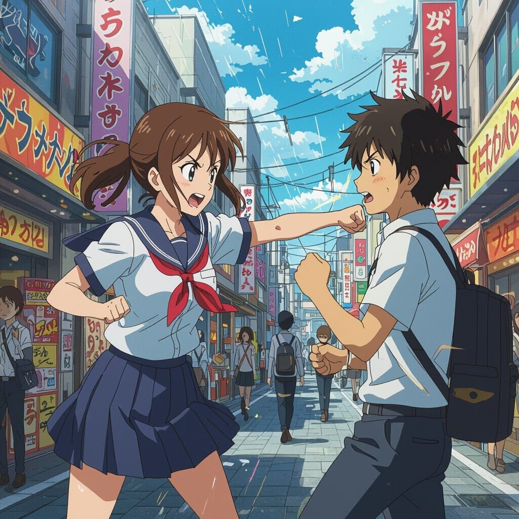 Anime Girl Punches Boy in Bustling Japanese Street