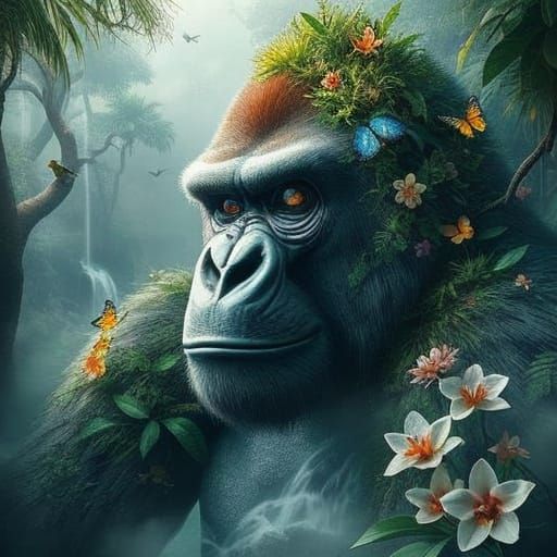 Wise Gorilla Formed from Jungle, Rivers, and Trees