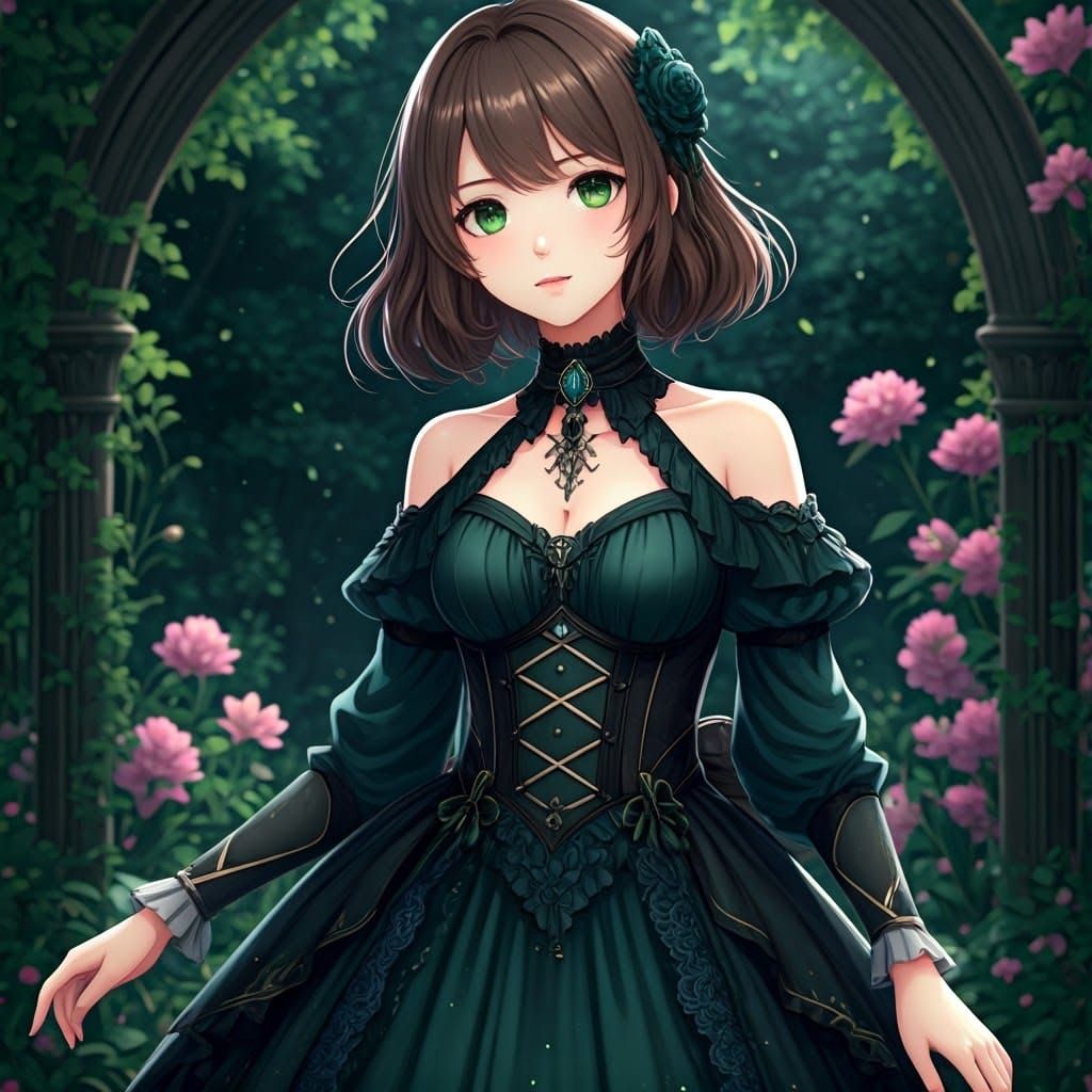 Gothic Anime Goddess in Moonlit Garden