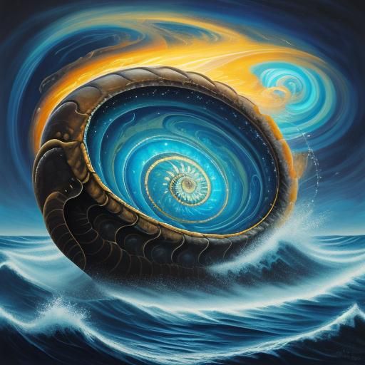 Surreal Ammonite UFO Over Lightning Sea