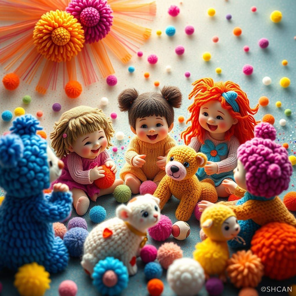 Vibrant Pom Pom World with Children and Pets