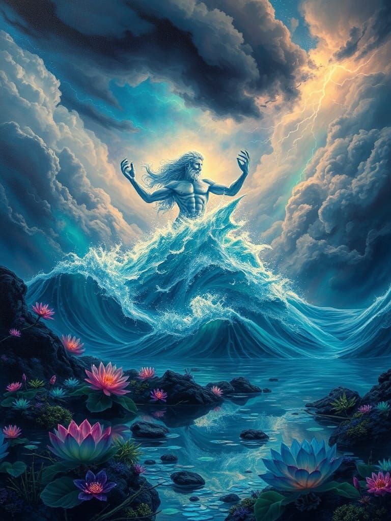 Poseidon Emerges: A Hyperrealistic Mixed Media Artwork