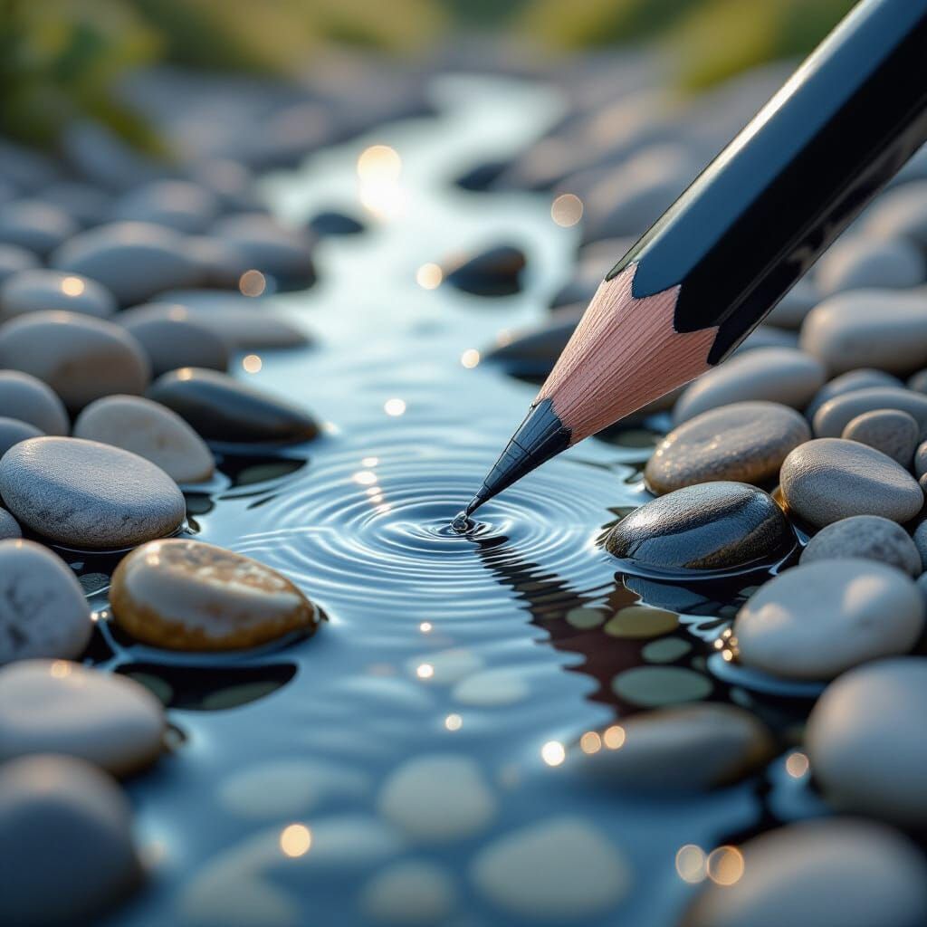 Hyperrealistic Pencil Drawing With River Macro Photography