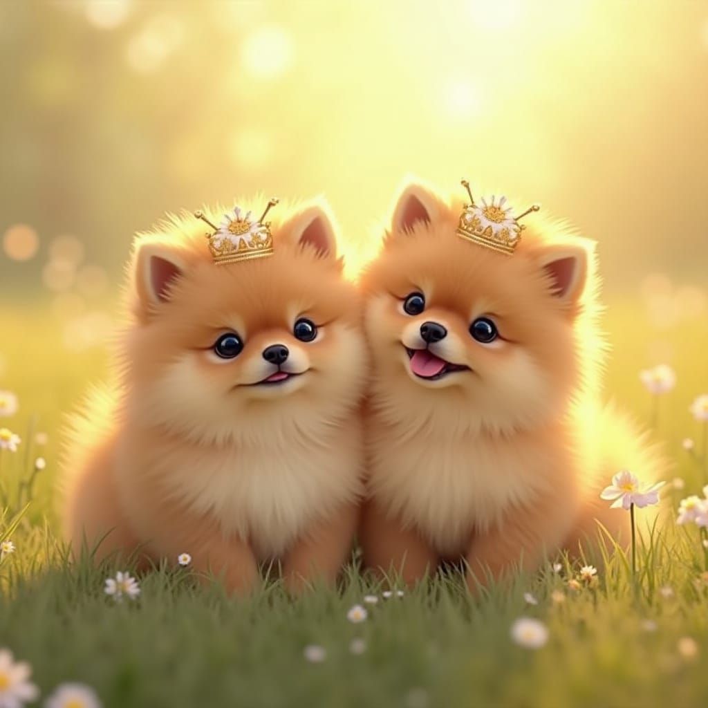Pomeranian Puppies in Forget-Me-Not Crowns, Potter Style