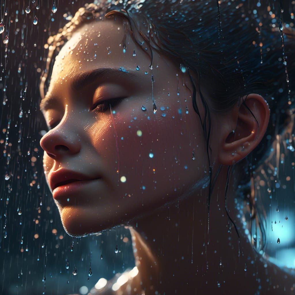 Girl in Rain with Crystal Drops, Bioluminescent Lights