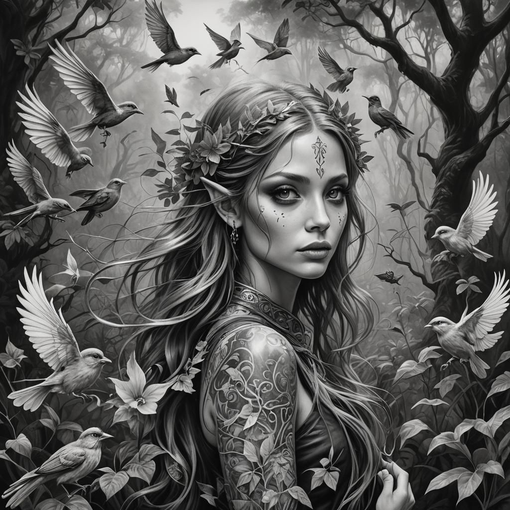 Enchanting Fairy Elf in Grayscale Charcoal Drawing