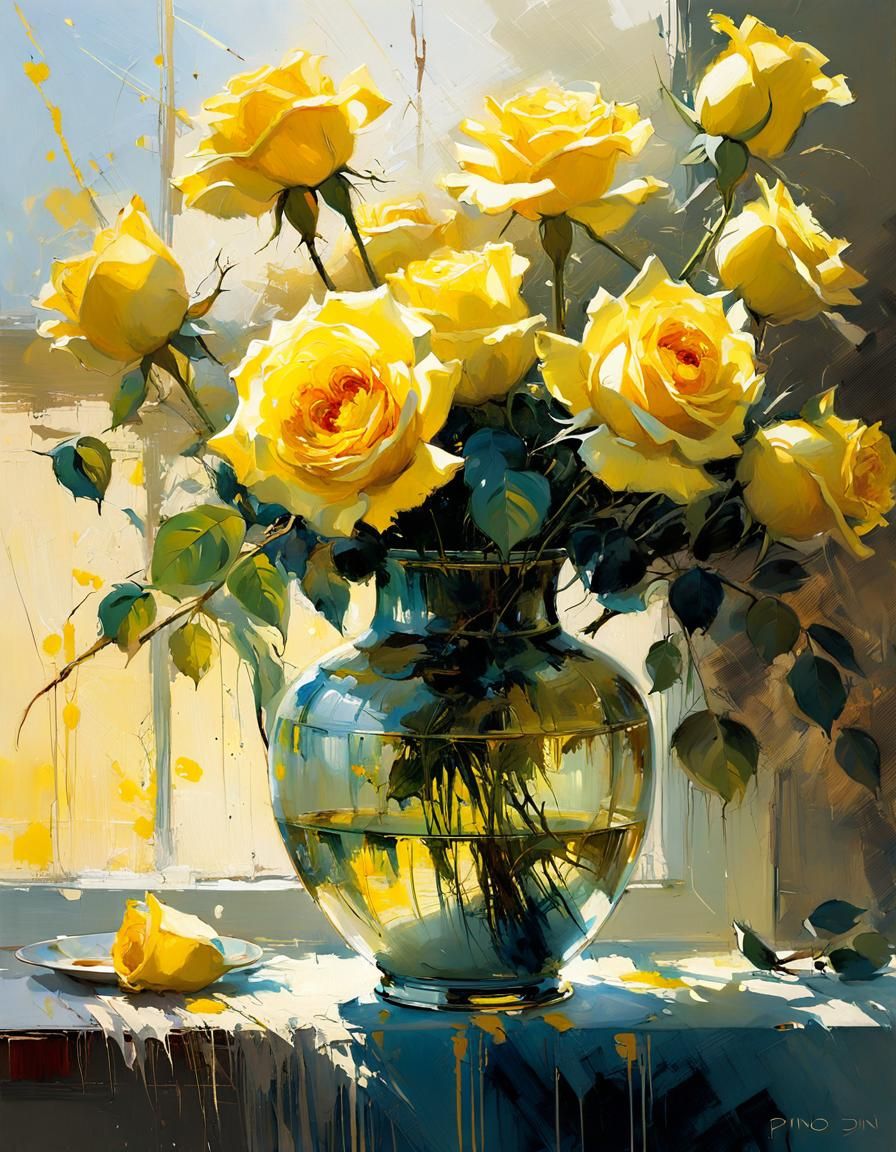 Vase of Yellow Roses Painting in Fine Art Style
