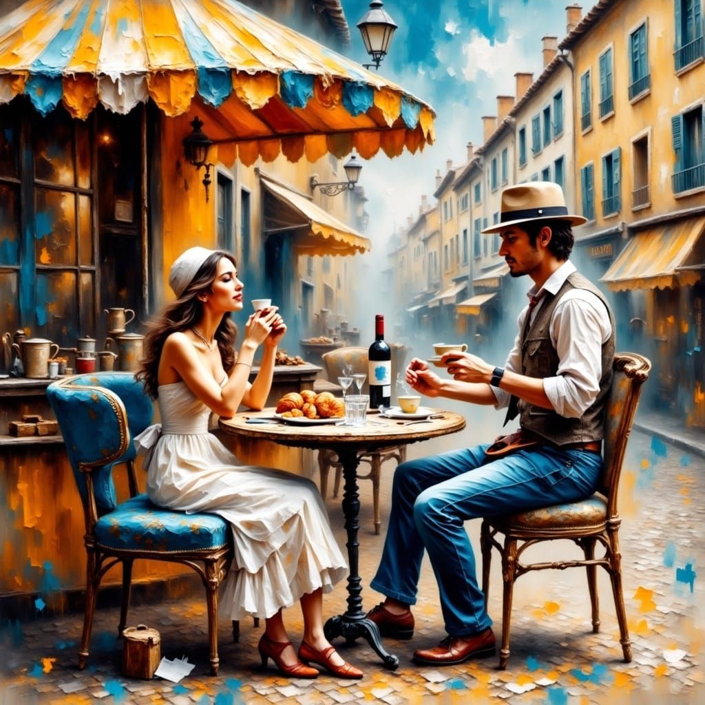 Parisian Cafe Scene in Impasto Oil Painting Style