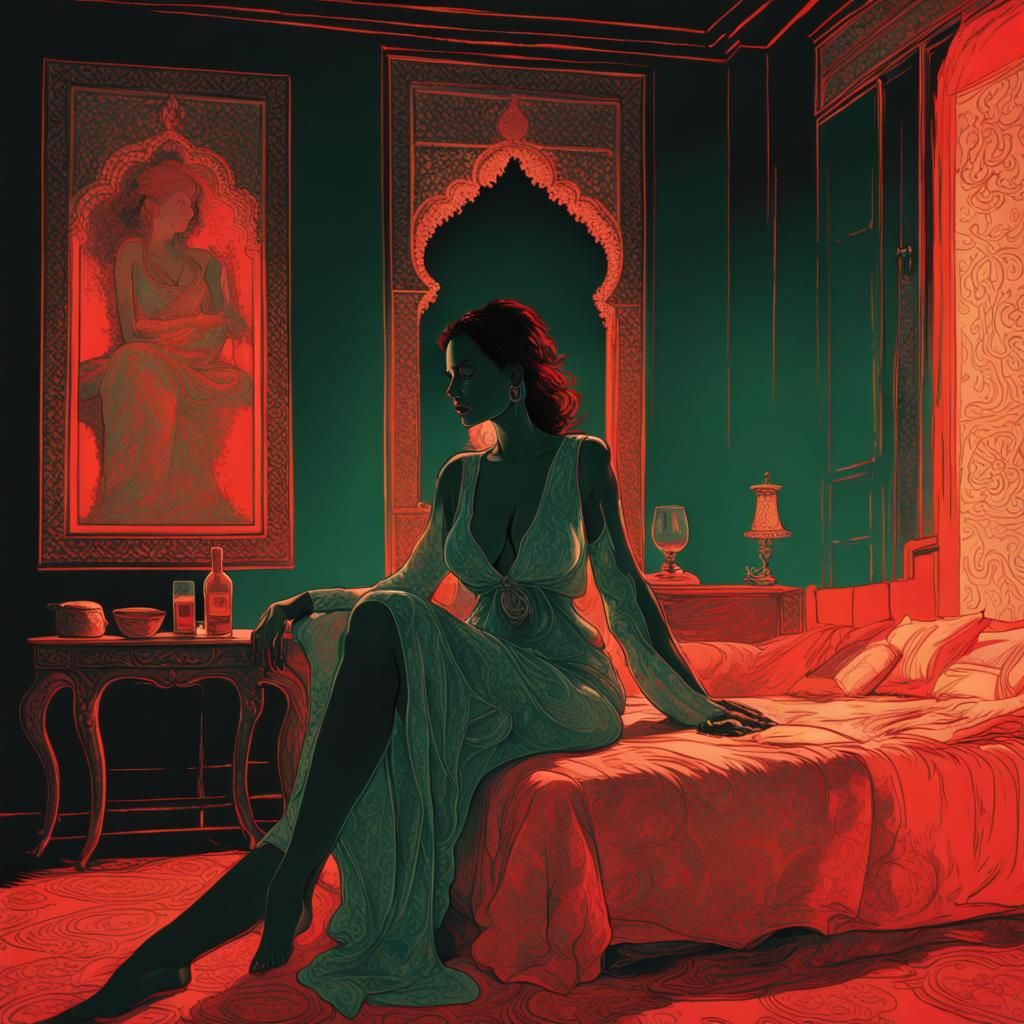 Woman in Moroccan Palace Bedroom as Impasto Illustration